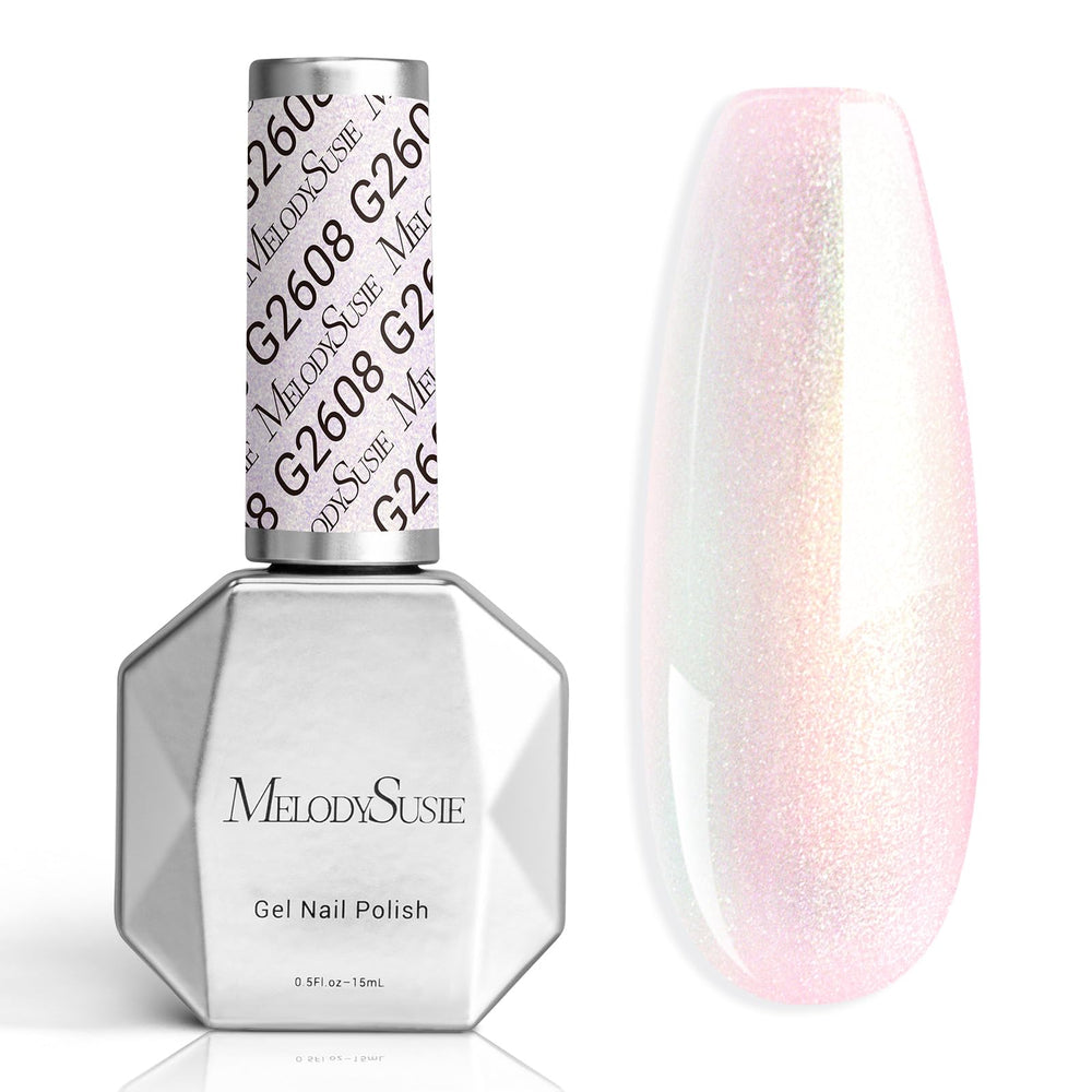 MelodySusie Shimmer Aurora gel polish bottle shows jelly pink and white shade with long-lasting shine.