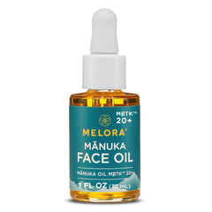 MELORA Manuka Face Oil bottle front for daily hydrating skincare routine.