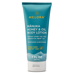 Melora Manuka Honey Body Lotion jar provides rich hydration for dry skin.