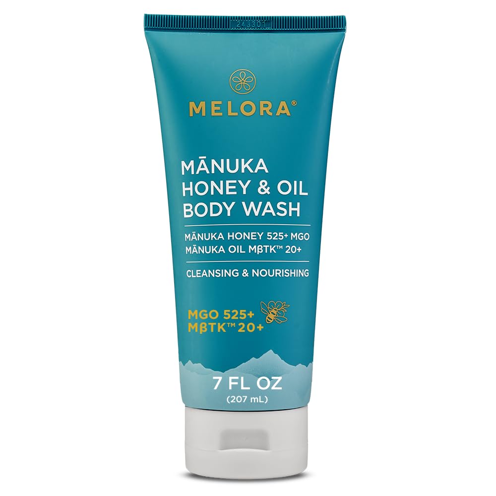 Melora Manuka Honey Body Wash bottle showcasing hydrating formula.