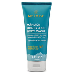 Melora Manuka Honey Body Wash bottle showcasing hydrating formula.