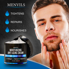 Menvils men's face moisturizer bottle pour shows easy application and daily nourishment.