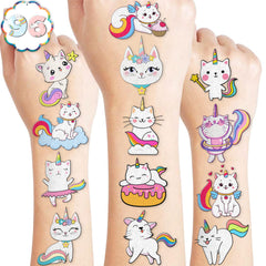 MeoIsDaBest Caticorn tattoo sheet close-up with rainbow cat designs for kids' parties