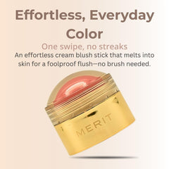 Merit Flush Balm Lusitano Soft Peach cheek swatch for natural glow.