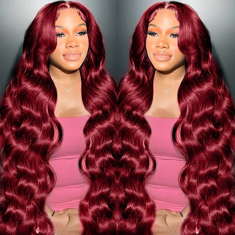 METDIO 99J Burgundy lace front wig front view with natural luster and versatile parting
