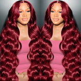 METDIO 99J Burgundy lace front wig front view with natural luster and versatile parting