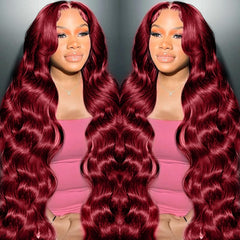 METDIO 99J Burgundy lace front wig front view with natural luster and versatile parting