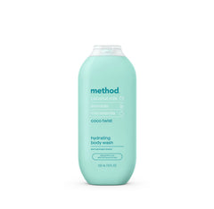 Method Coco Twist bottle front displaying hydration from coconut milk for soft skin