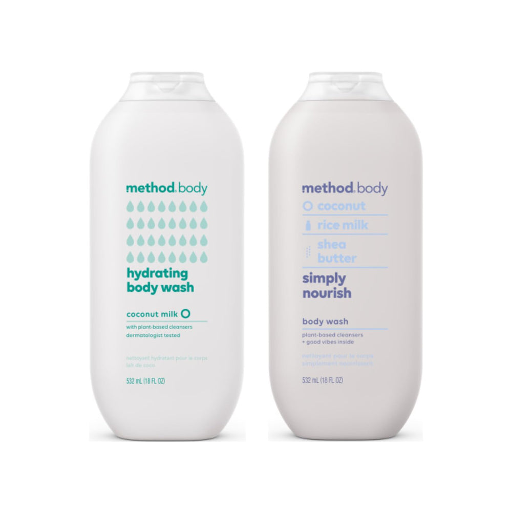 Method body wash Hydrating Coconut Milk bottle pour promotes daily hydration.