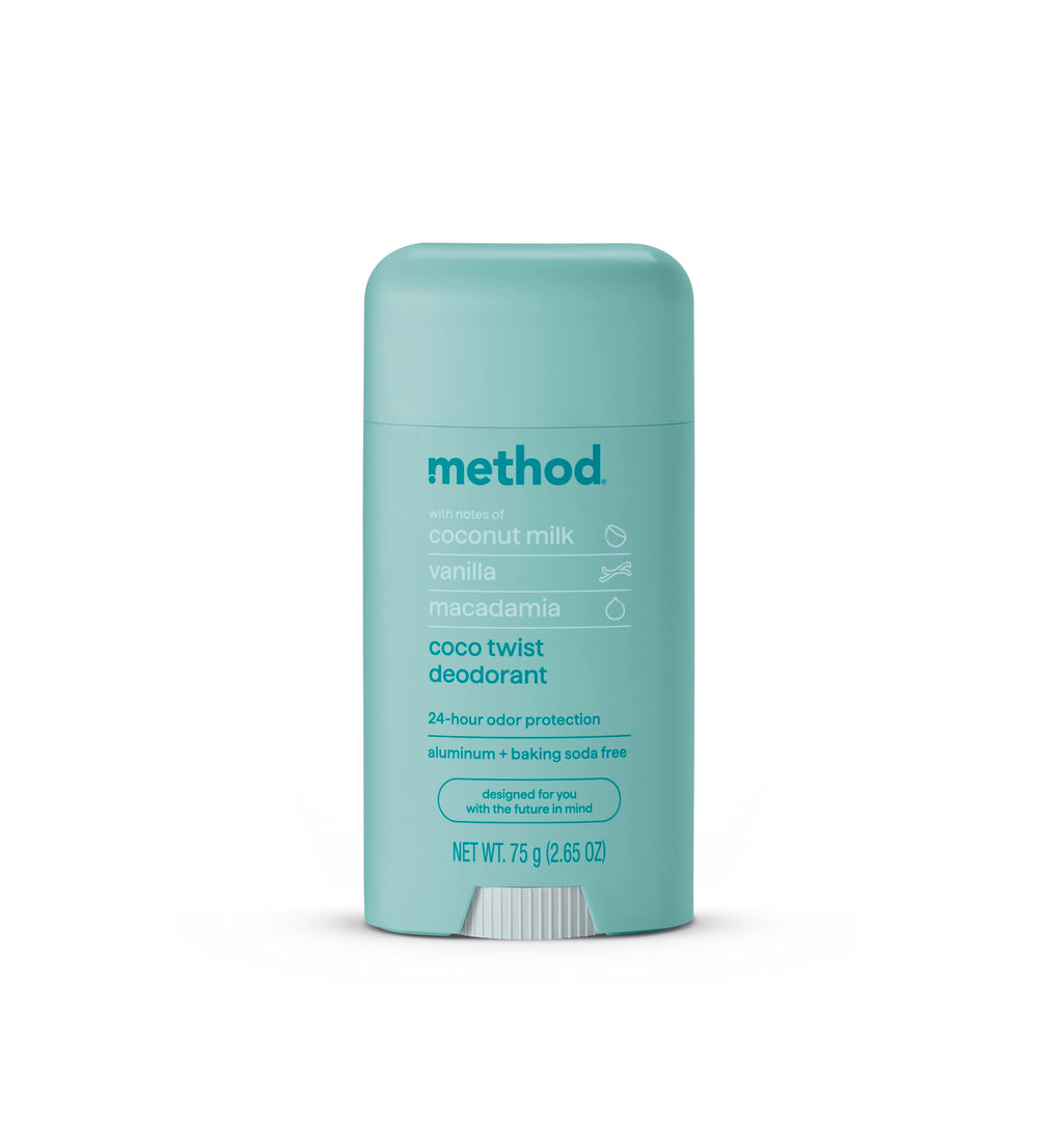 Method Coco Twist deodorant bottle with coconut milk scent for long-lasting freshness.