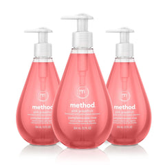 Method Pink Grapefruit gel hand soap bottle pour enables easy, mess-free dispensing.