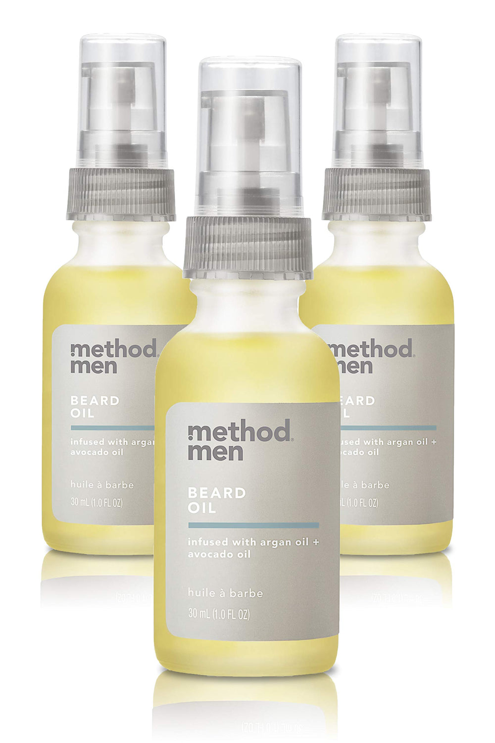 Method Men Beard Oil Sea + Surf 3x1oz pack shown, softens and conditions beard evenly