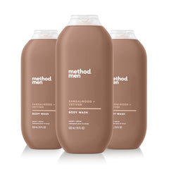 Method Men Sandalwood + Vetiver body wash bottle front – triple-pack for convenient daily use.