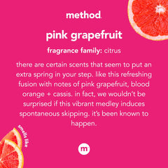 Method pink grapefruit scent label close-up highlighting refreshing citrus