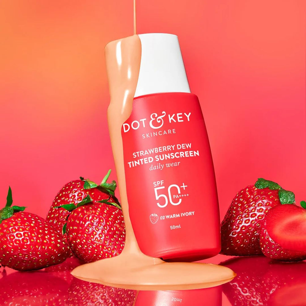 Metrey Herbotech Dott & Keyy Strawberry Dew tinted sunscreen bottle offers radiant, even skin with SPF 50+ PA++++