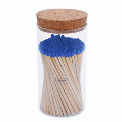 Meya Luxury colored safety matches in blue glass jar for elegant lighting.