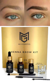 MG Cosmetics eyebrow henna kit packaging shows premium glass case for at-home brow coloring