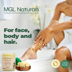MGL Naturals Shea Butter texture close-up emphasizing pure unrefined formula for hair care