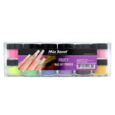 Mia Secret Fruity Collection 12-powder set swatches vibrant colors for nail art.