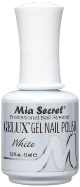 Mia Secret Gelux white bottle showing long-lasting gel enamel for salon-quality nails.