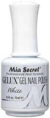 Mia Secret Gelux white bottle showing long-lasting gel enamel for salon-quality nails.