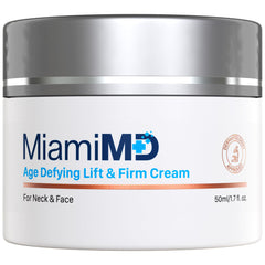 MiamiMD Age-Defying Lift & Firm cream bottle close-up shows firming action for smoother skin.