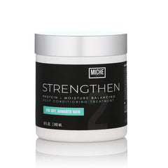 Miche Beauty Strengthen Protein Deep Conditioner bottle on shelf supports curl hydration