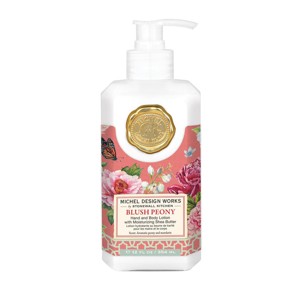 Michel Design Works Blush Peony hand lotion provides lasting moisture for soft, refreshed hands.