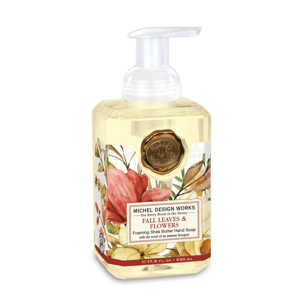 Michel Design Works foaming hand soap with fall leaves bottle pump for gentle cleansing.