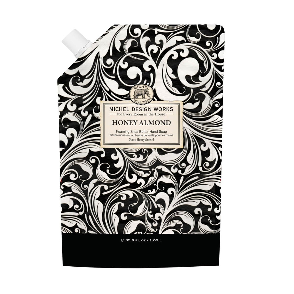 Michel Design Works Honey Almond Foaming Hand Soap Refill label highlighting USA-made quality.