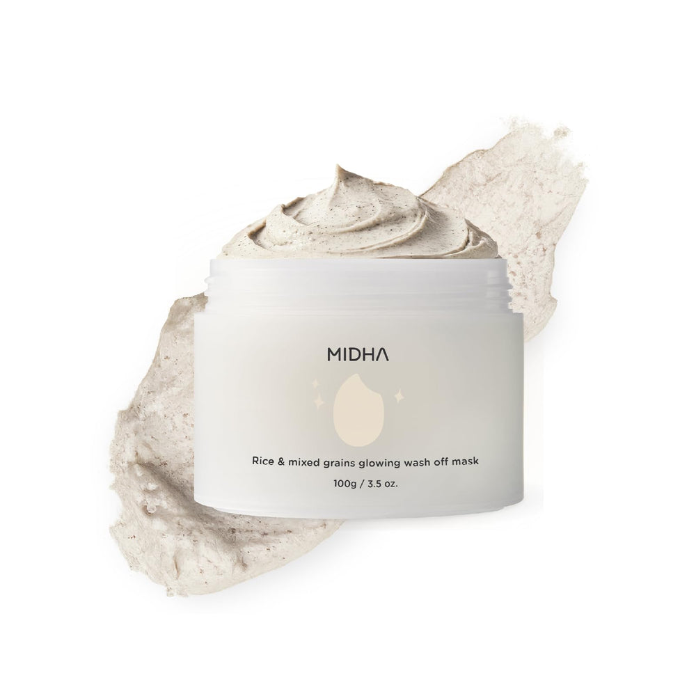 Midha Glow Mask bottle pour shows easy application and calming scent.