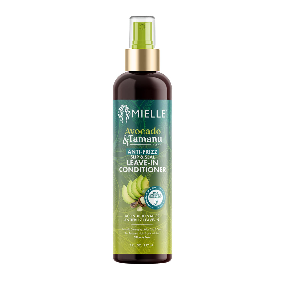 Mielle Avocado & Tamanu bottle pour for even application and frizz control.