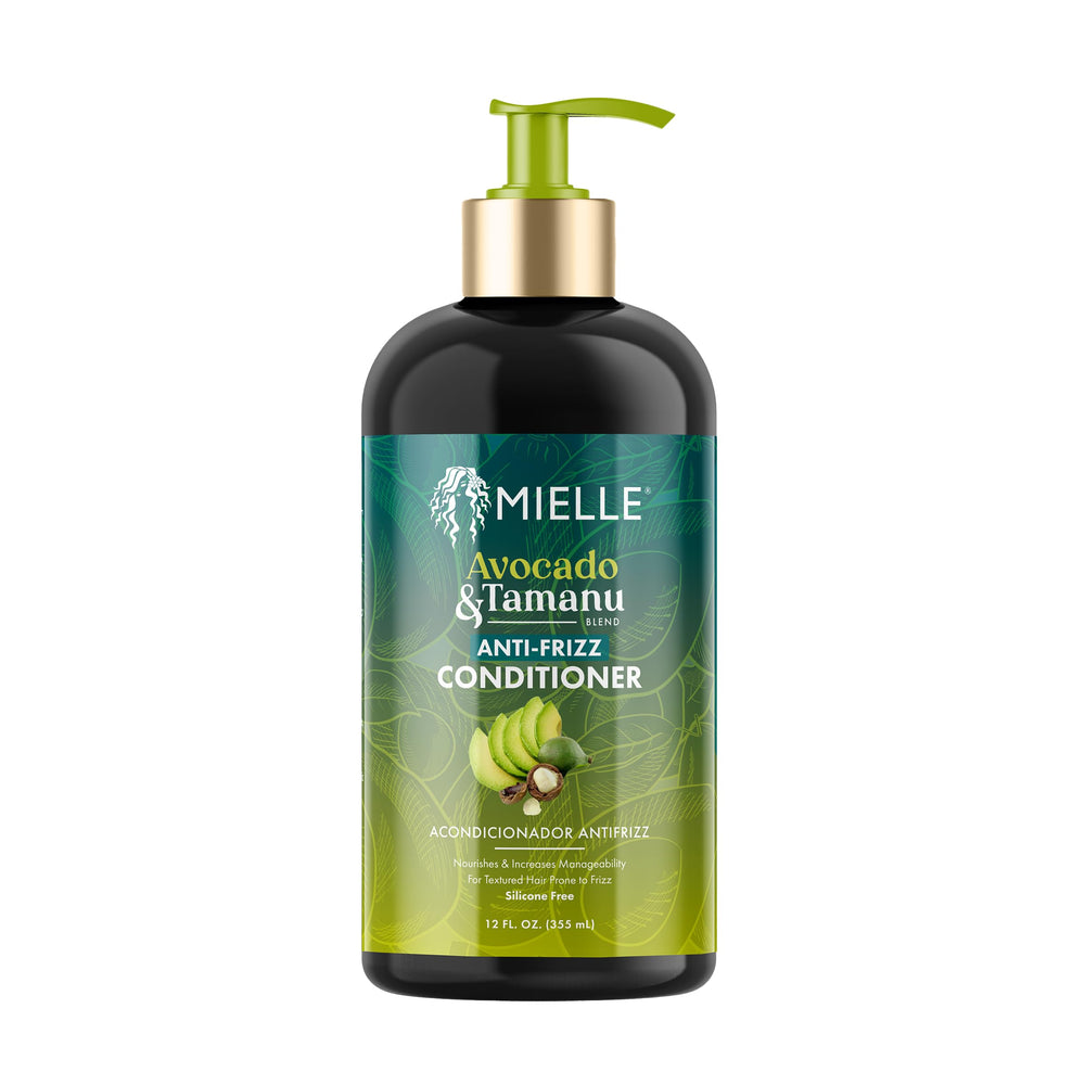 Mielle Organics Avocado and Tamanu Conditioner bottle demonstrates detangling benefits.