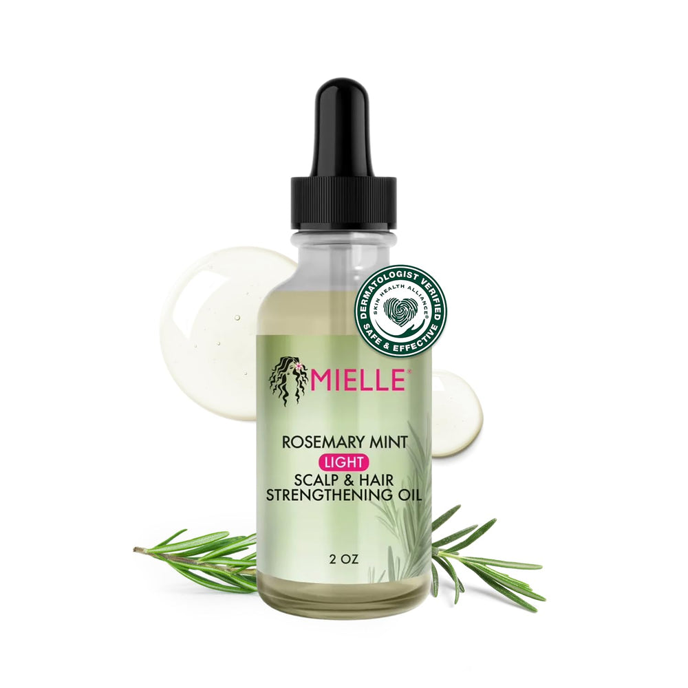 Mielle Organics Rosemary & Mint Light Hair Oil bottle for easy scalp care.