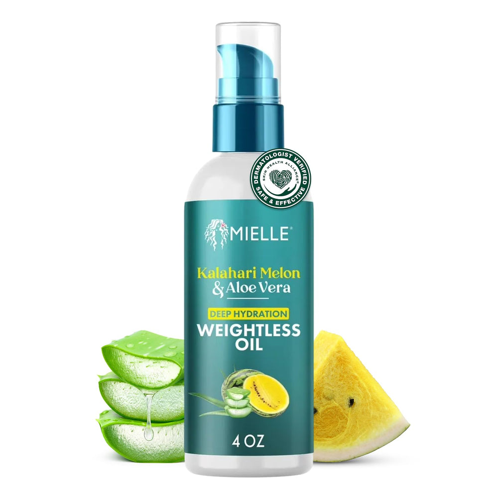 Mielle Organics Weightless Hair Oil bottle with Kalahari Melon provides lightweight hydration for dry curls.