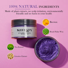 Mifeloy purple-wax styling texture close-up highlighting flexible hold.