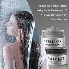 Smoothed hairstyle finished with Mifeloy silver gray wax.