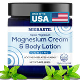 MIGRASTIL cooling magnesium cream bottle demonstrates cooling relief for sore muscles.