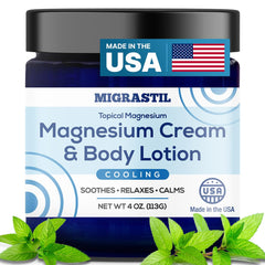 MIGRASTIL cooling magnesium cream bottle demonstrates cooling relief for sore muscles.