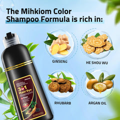 Mihkiom brown hair dye shampoo ingredients close-up showing natural plant extracts.