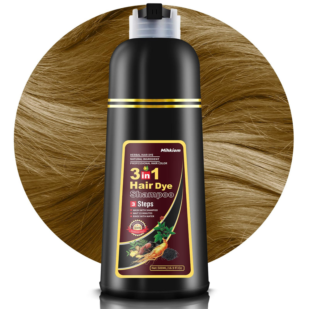 Mihkiom Hair Dye Shampoo 3in1 bottle closeup shows natural color formula for quick refresh