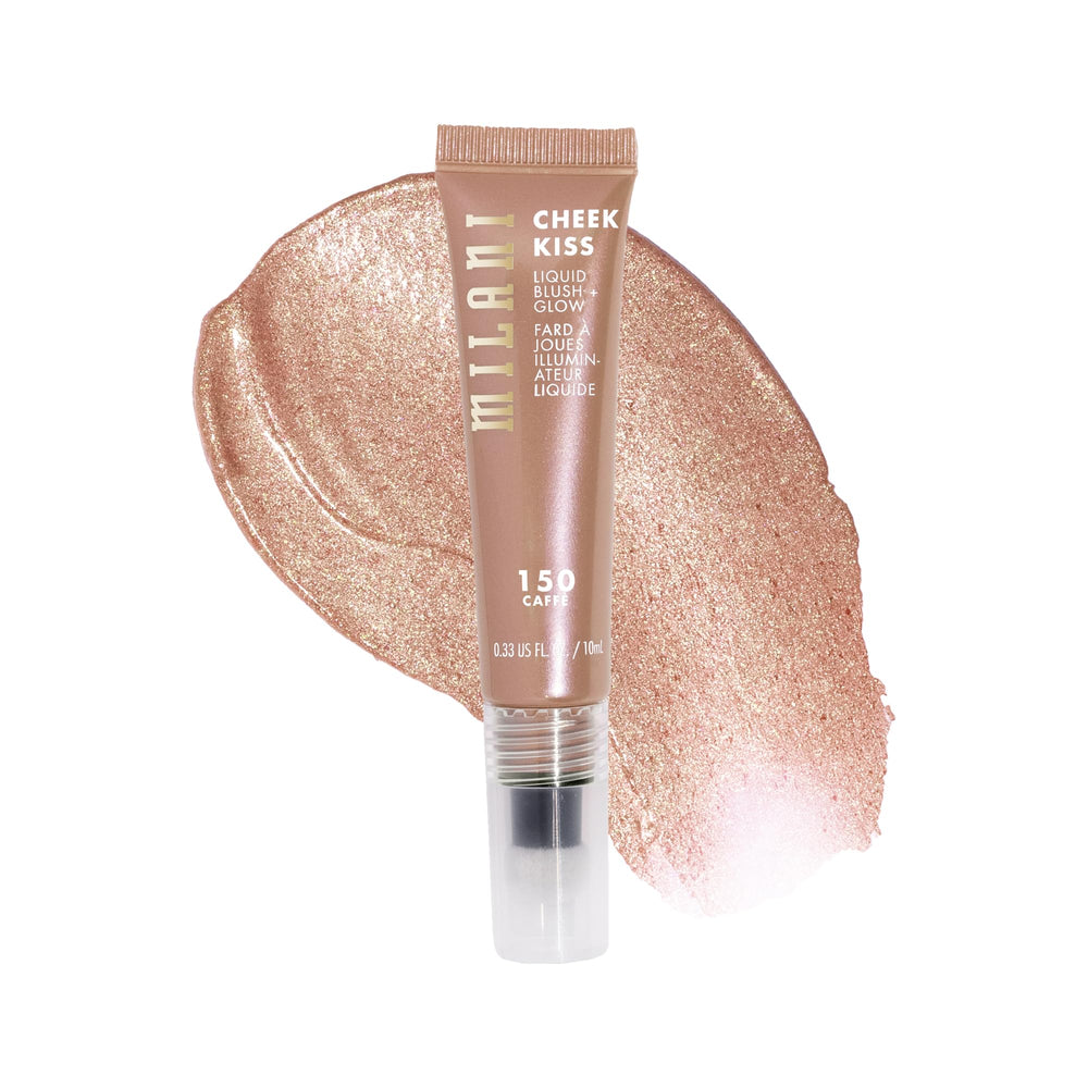 Milani Cheek Kiss Liquid Blush + Glow bottle displays dewy finish for rosy cheeks