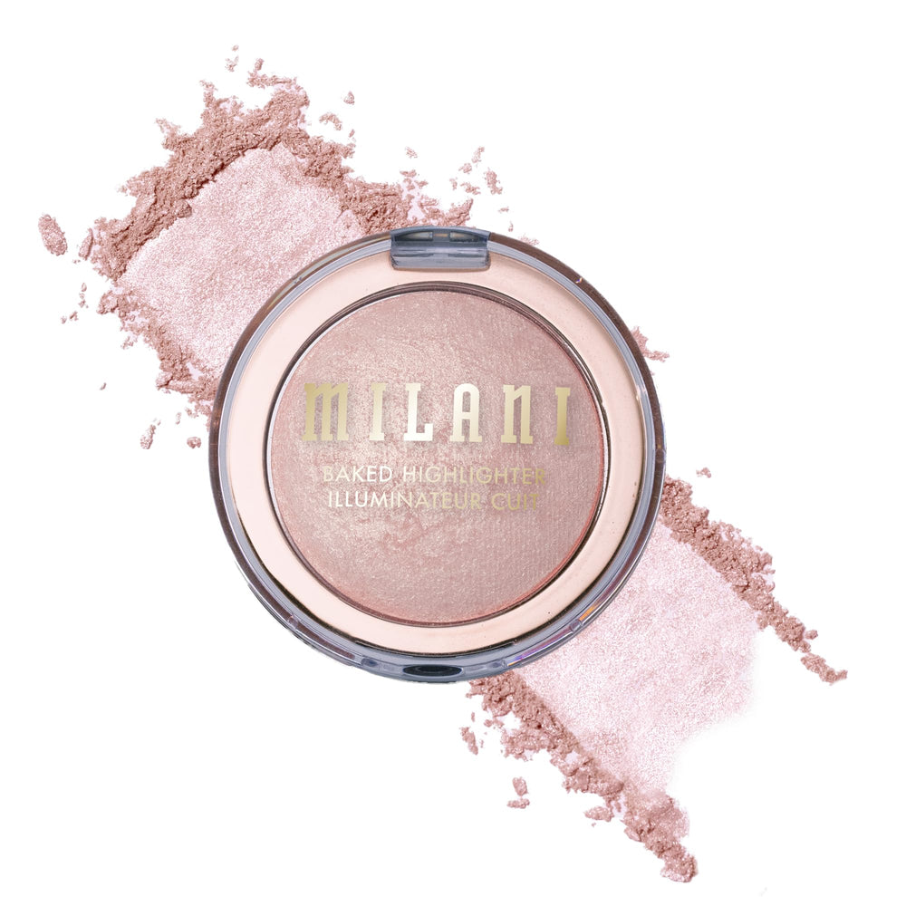 Milani Dolce Perla baked highlighter on terracotta tiles for a warm glow.