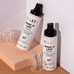 Milani Make It Dewy spray mist applied in zigzag for long wear.