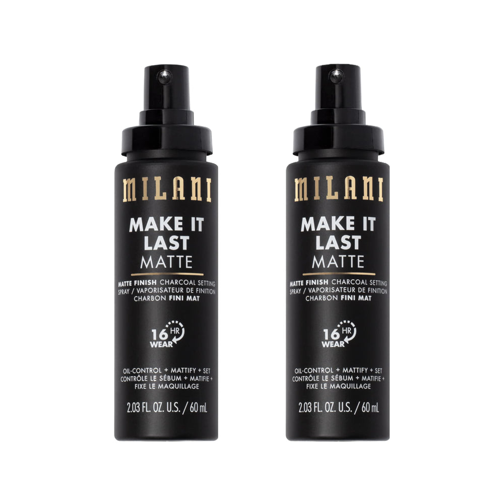 Milani setting spray bottle with charcoal formula priming and setting makeup.