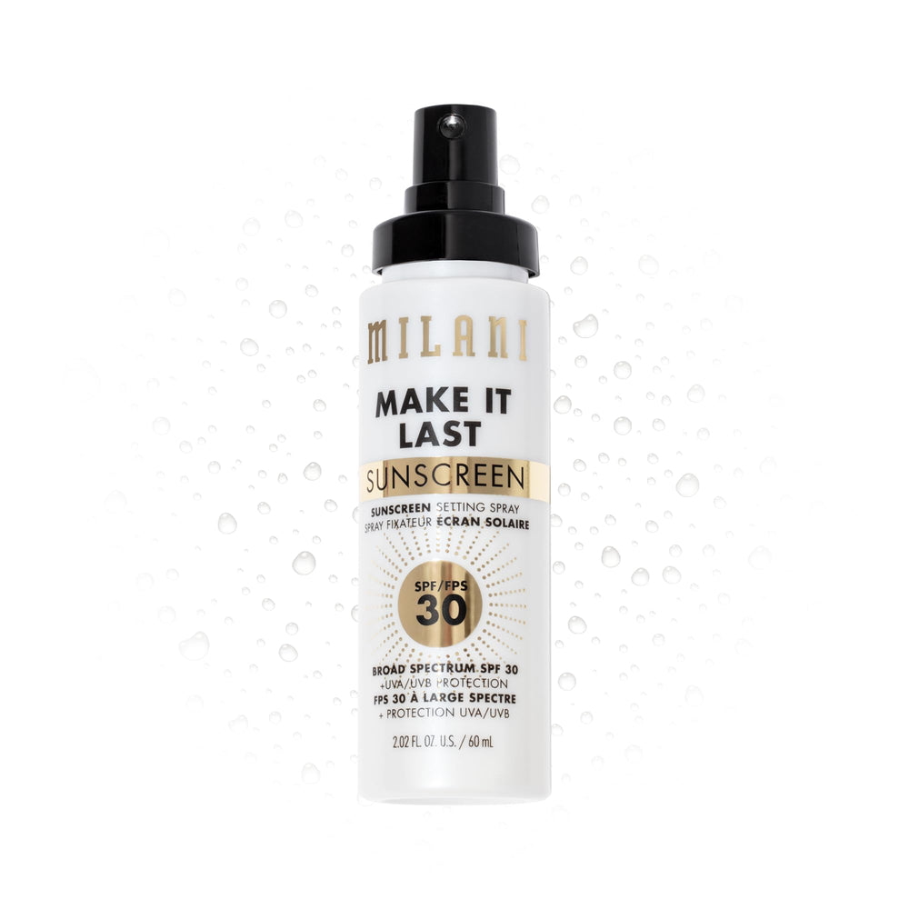 Milani Sunscreen Setting Spray bottle showing compact design for SPF protection.
