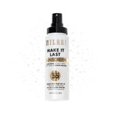Milani Sunscreen Setting Spray bottle showing compact design for SPF protection.