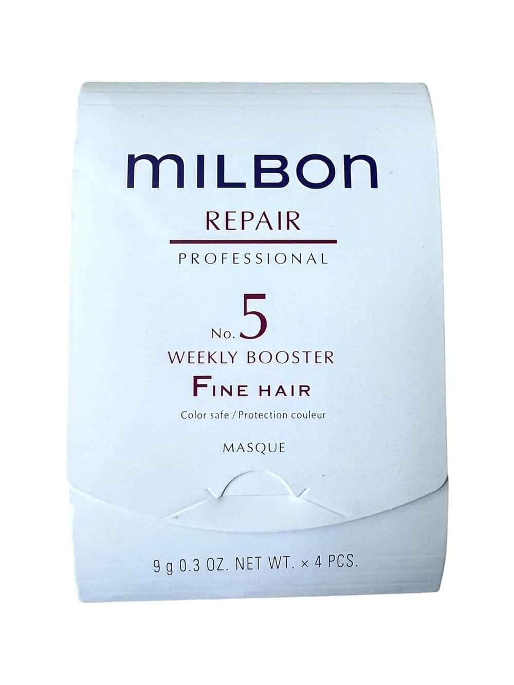 Milbon Repair No. 5 weekly booster bottle shown for smoother, salon-like finish.