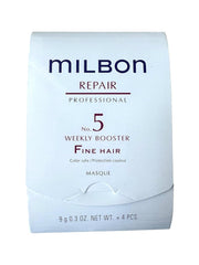 Milbon Repair No. 5 weekly booster bottle shown for smoother, salon-like finish.