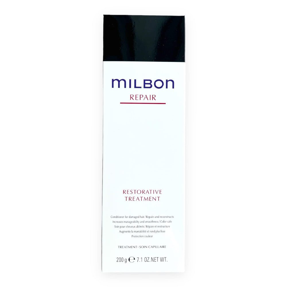 Milbon Repair Restorative Treatment bottle close-up for deeply nourished hair.